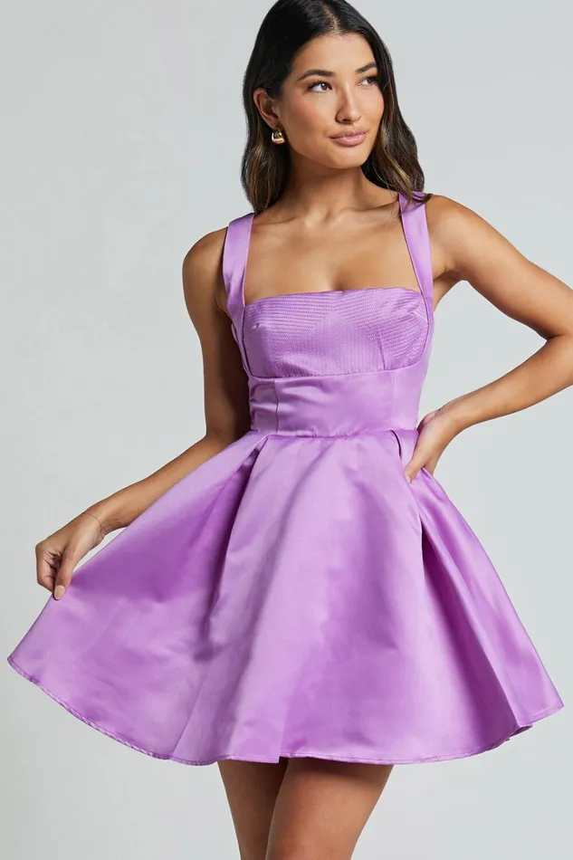 Stephanie Mini Dress 8211 Satin Square Neck Tie Back Dress In Orchid Women Showpo Dresses