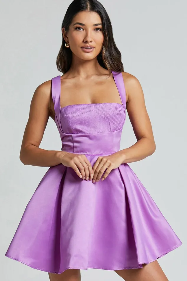 Stephanie Mini Dress 8211 Satin Square Neck Tie Back Dress In Orchid Women Showpo Dresses