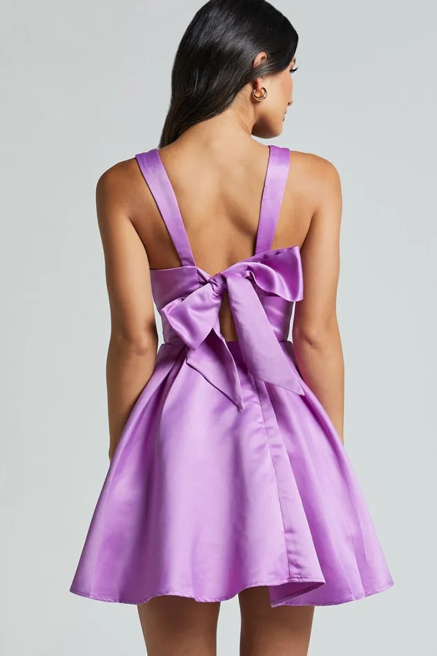 Stephanie Mini Dress 8211 Satin Square Neck Tie Back Dress In Orchid Women Showpo Dresses