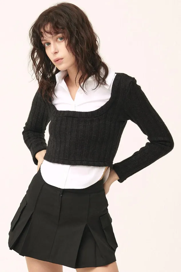Storets Amelia Shirt Inset Crop Top Women Crop Tops Storets Amelia Shirt Inset Crop Top Women Crop Tops