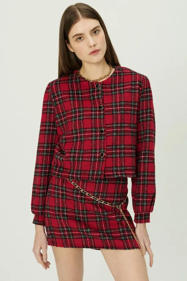 Storets Jasper Collarless Jacket In Plaid Women Jackets and Coats