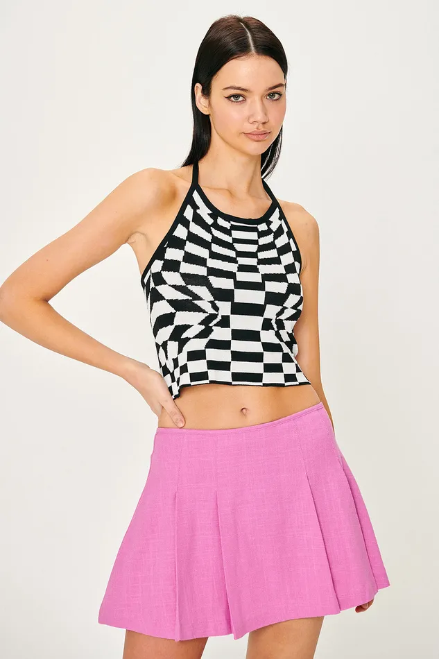 Storets Skyler Checkerboard Halter Top Women Crop Tops