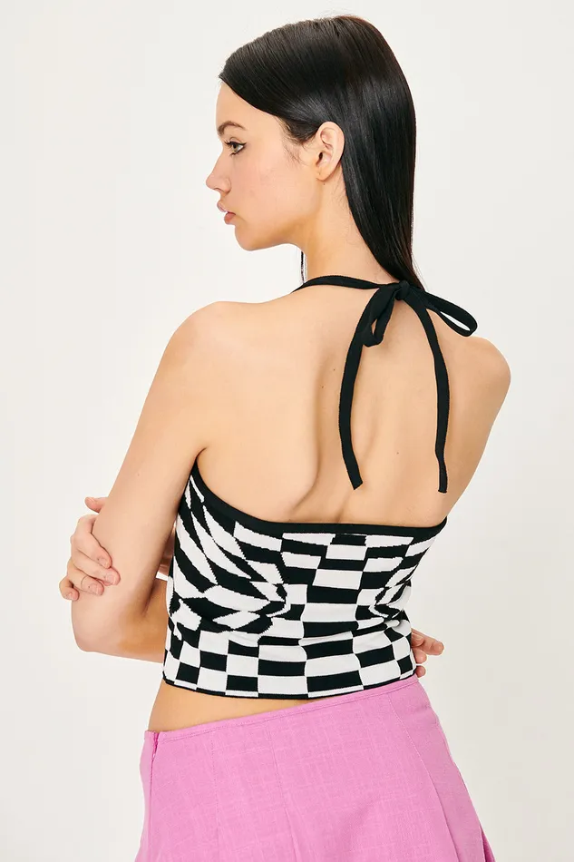 Storets Skyler Checkerboard Halter Top Women Crop Tops