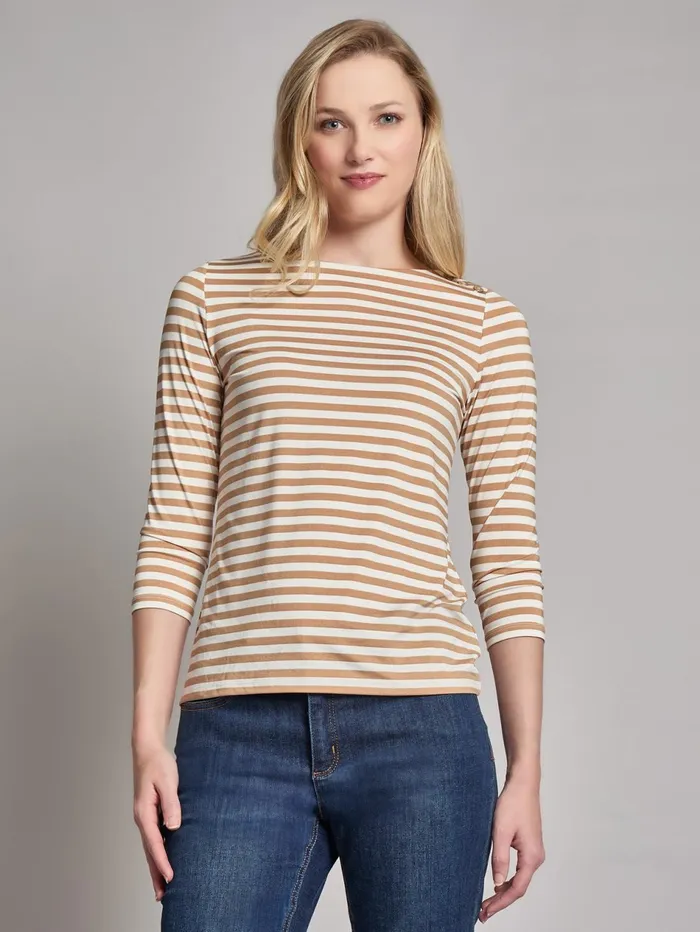 Stripe Button Shoulder Jersey Top Women Jones New York Tops and Blouses