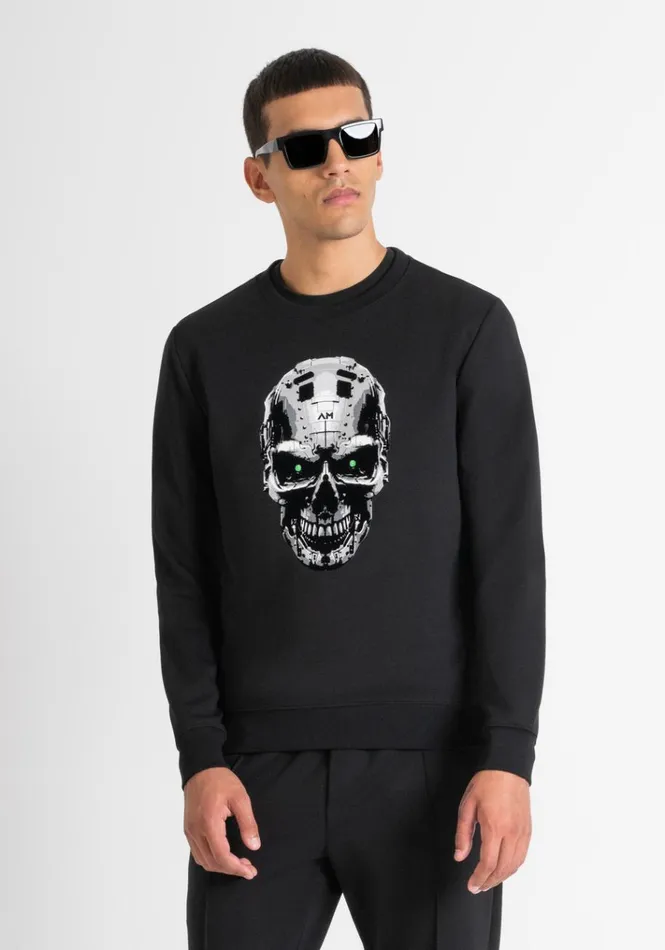 Sweatshirts Men Antony Morato Slim Fit Sweatshirt In Black Cotton Blend With Cyberg Skull Print Black Sweatshirts Men Antony Morato Slim Fit Sweatshirt In Black Cotton Blend With Cyberg Skull Print Black