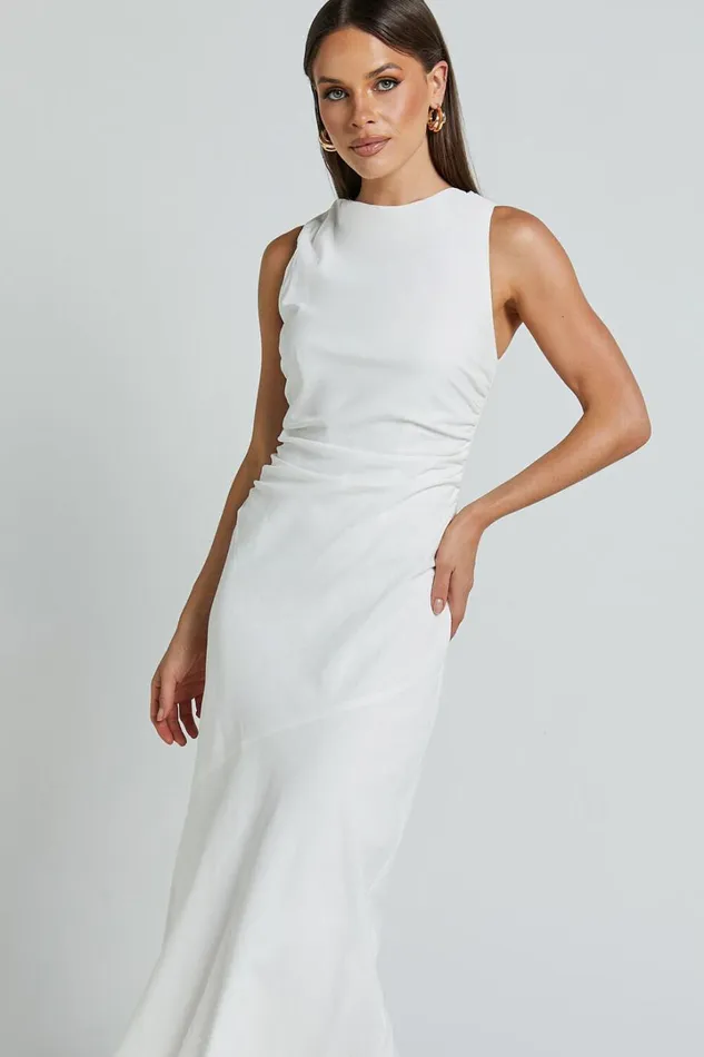 Sylvie Midi Dress 8211 High Neck Flare Dress In White Women Showpo Conscious