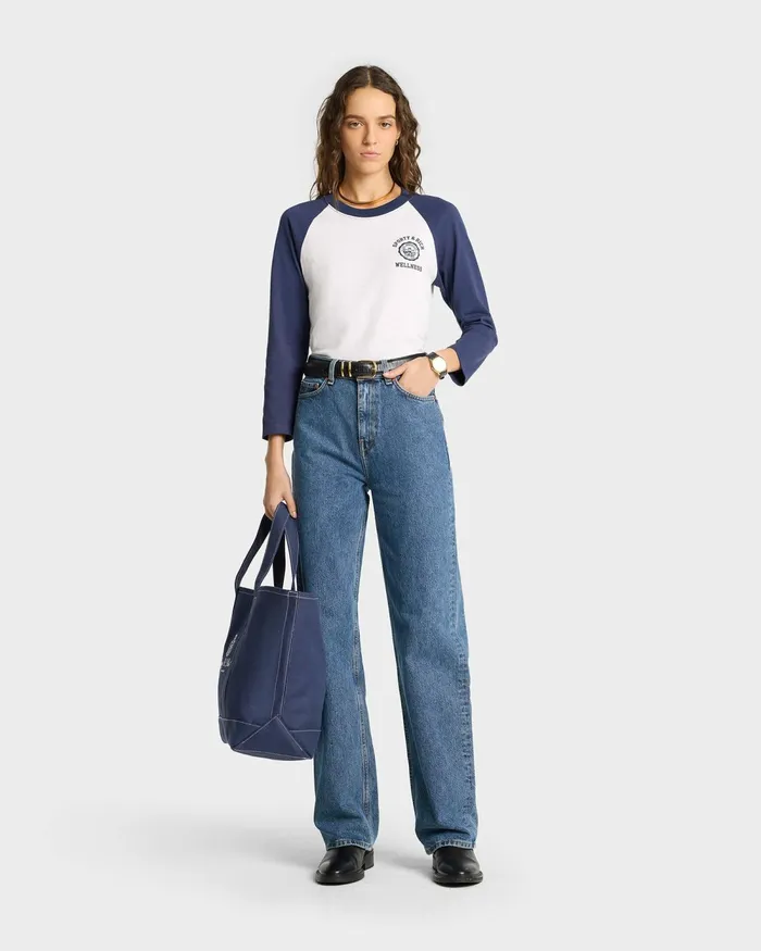 TShirts and Tops Women Sporty and Rich Emblem Baseball Tee 8211 WhiteNavy