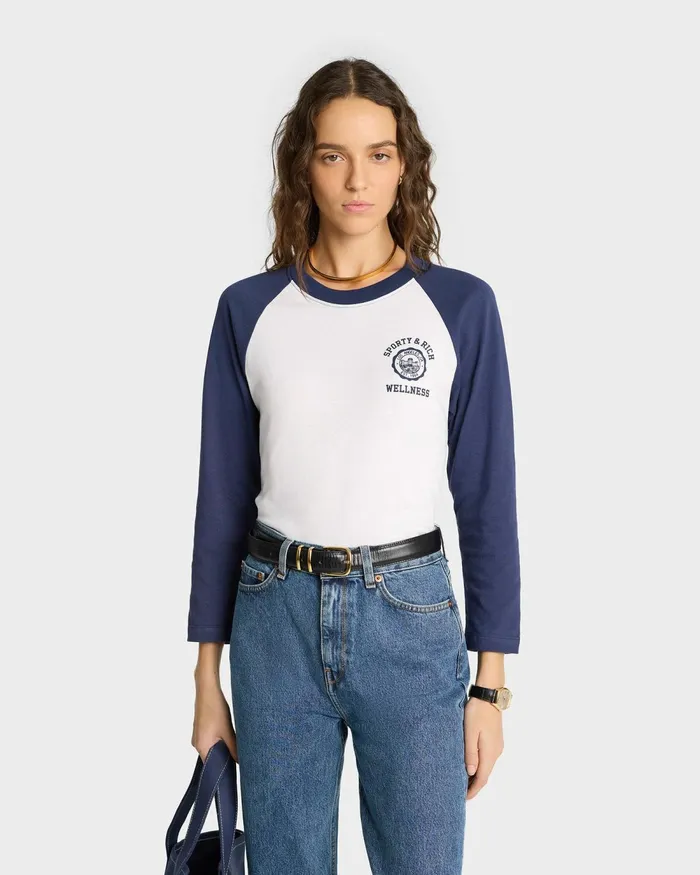 TShirts and Tops Women Sporty and Rich Emblem Baseball Tee 8211 WhiteNavy