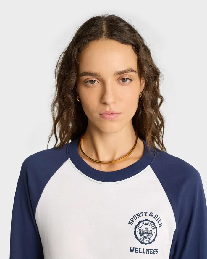 TShirts and Tops Women Sporty and Rich Emblem Baseball Tee 8211 WhiteNavy