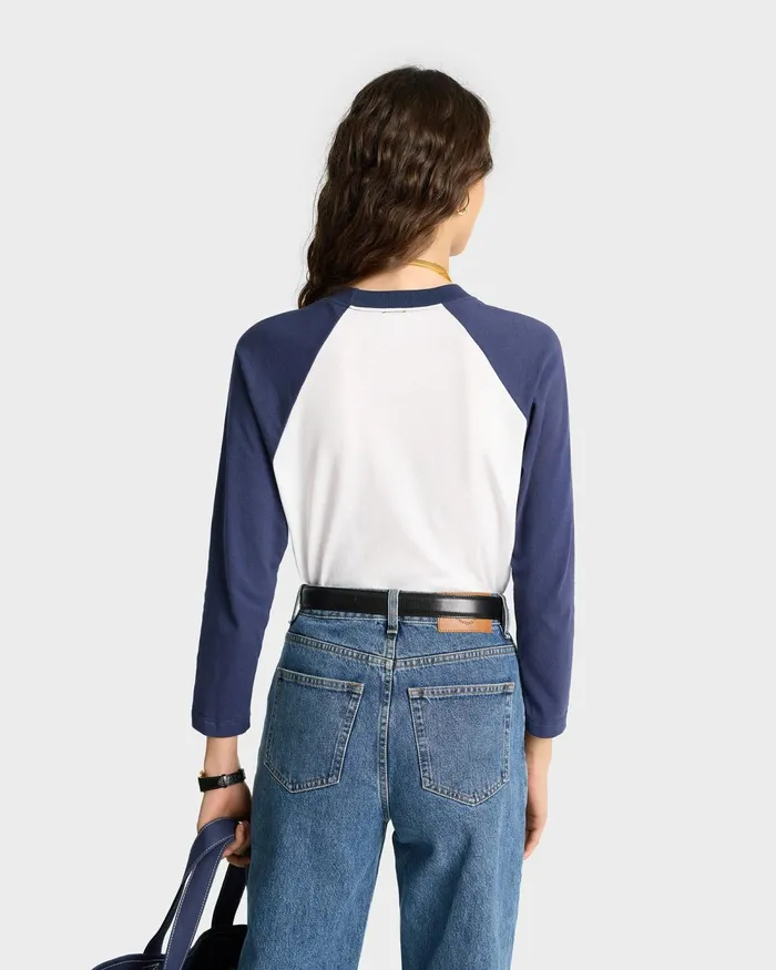 TShirts and Tops Women Sporty and Rich Emblem Baseball Tee 8211 WhiteNavy