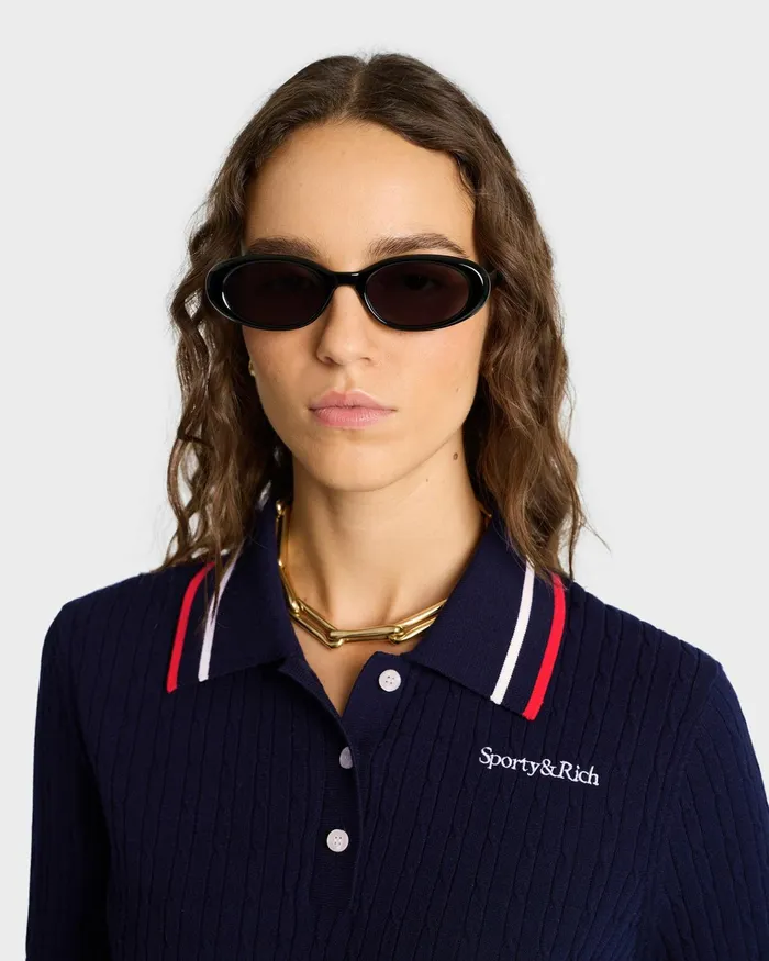 TShirts and Tops Women Sporty and Rich Serif Logo Mini Cable Polo 8211 NavyOff WhiteRed
