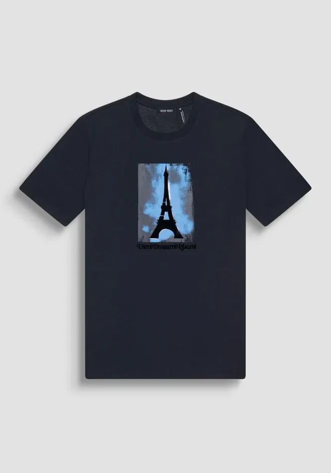 TShirts And Polo Men Antony Morato Regular Fit TShirt In Cotton Jersey With Paris Print Blue Ink TShirts And Polo Men Antony Morato Regular Fit TShirt In Cotton Jersey With Paris Print Blue Ink