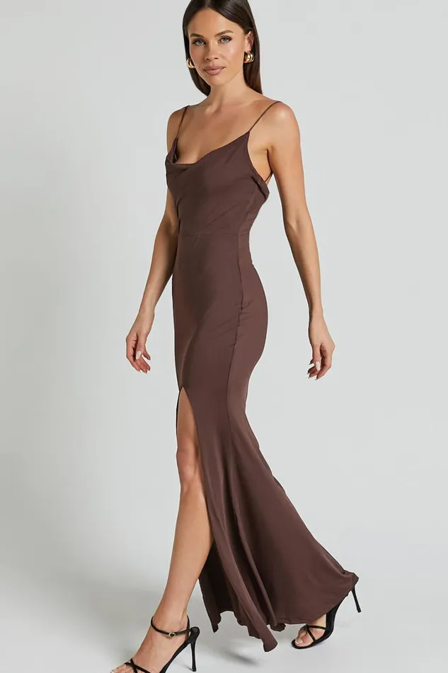 Tasteful Midi Dress 8211 Cowl Neck Bodycon Thigh Split Dress In Dark Chocolate Women Showpo Dresses