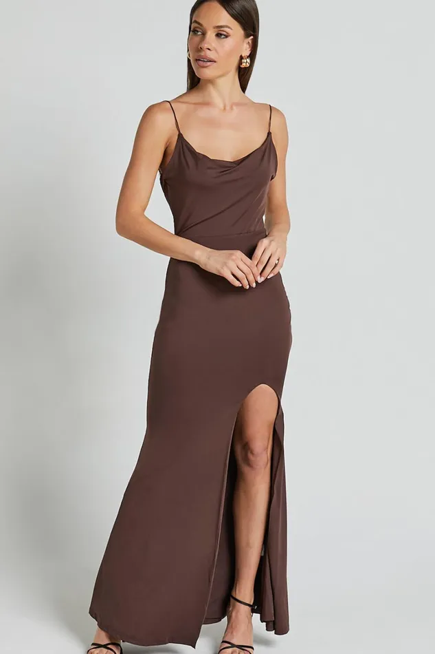 Tasteful Midi Dress 8211 Cowl Neck Bodycon Thigh Split Dress In Dark Chocolate Women Showpo Dresses