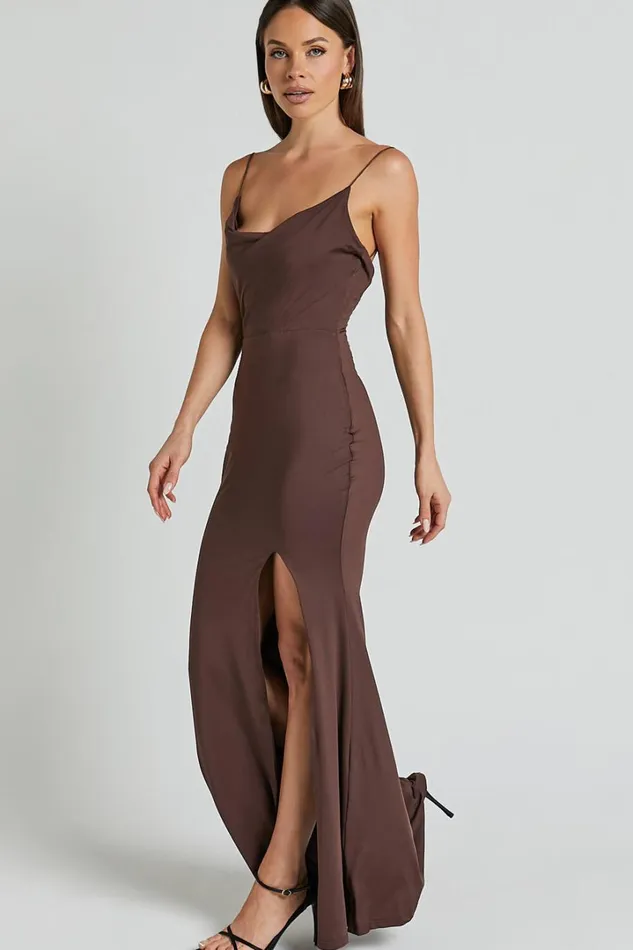 Tasteful Midi Dress 8211 Cowl Neck Bodycon Thigh Split Dress In Dark Chocolate Women Showpo Dresses