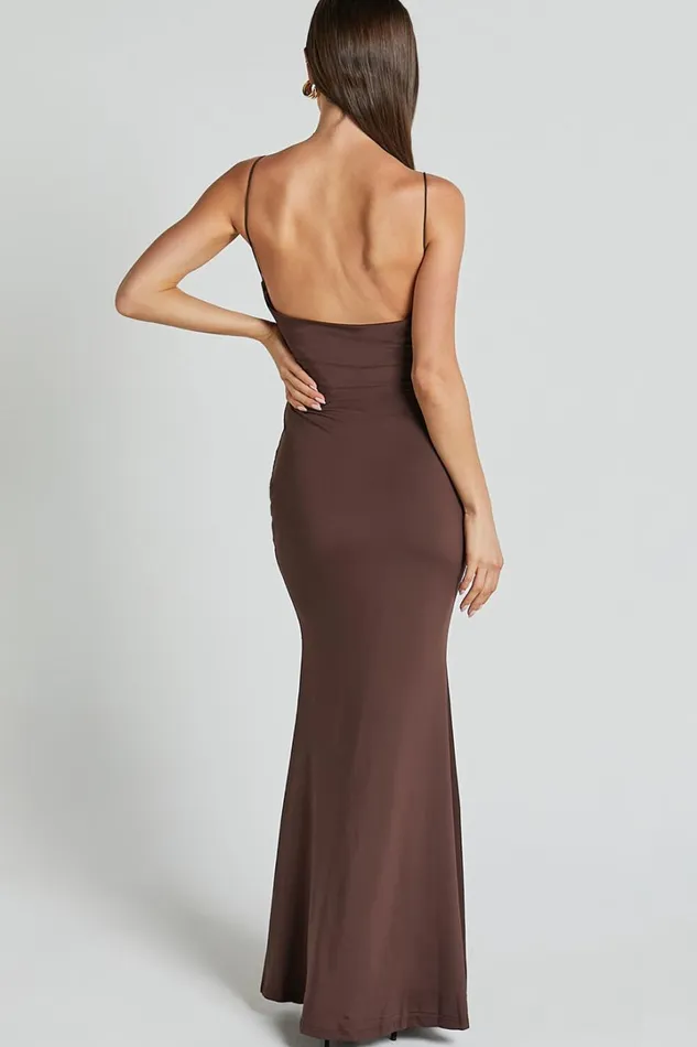 Tasteful Midi Dress 8211 Cowl Neck Bodycon Thigh Split Dress In Dark Chocolate Women Showpo Dresses