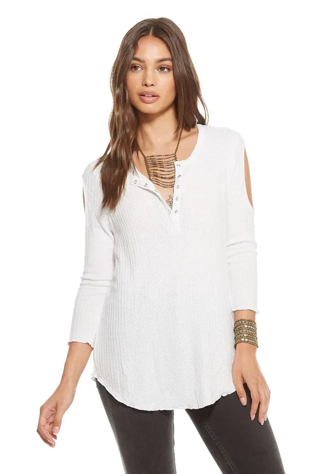 THERMAL 34 SLEEVE DOUBLE COLD SHOULDER HENLEY Loungewear Chaser Brand Womens