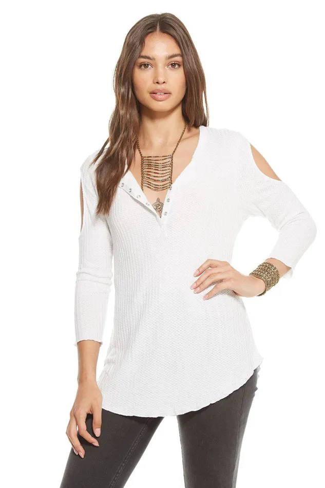THERMAL 34 SLEEVE DOUBLE COLD SHOULDER HENLEY Loungewear Chaser Brand Womens