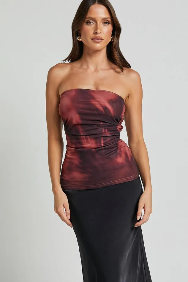 Tianna Top 8211 Strapless Sheer Mesh Top In Red Blur Women Showpo Tops