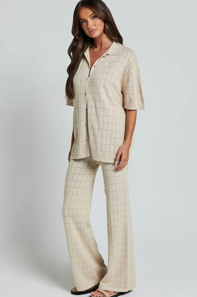 Tommy Two Piece Set 8211 Knit Button Through Top And Pants Two Piece Set In Sand Women Showpo Conscious