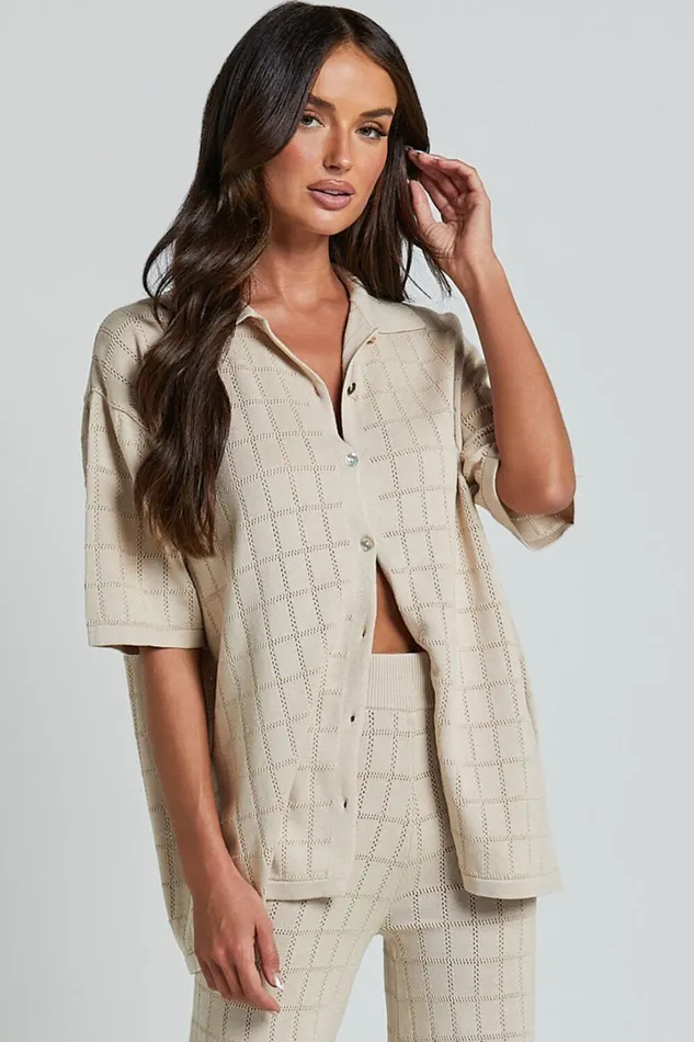 Tommy Two Piece Set 8211 Knit Button Through Top And Pants Two Piece Set In Sand Women Showpo Conscious