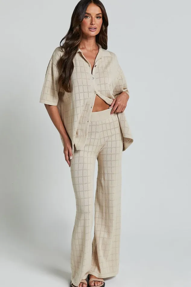 Tommy Two Piece Set 8211 Knit Button Through Top And Pants Two Piece Set In Sand Women Showpo Conscious