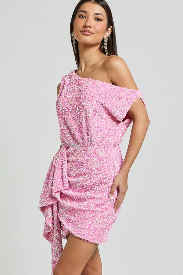 Tonya Mini Dress 8211 Sequin Drape One Shoulder Dress In Pink Women Showpo Curve Clothes