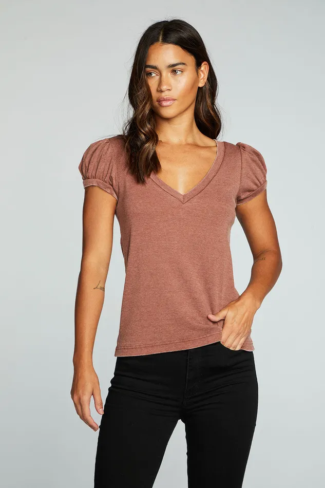 Tops Chaser Brand Womens Recycled Vintage Rib Deep V Puff Sleeve Tee