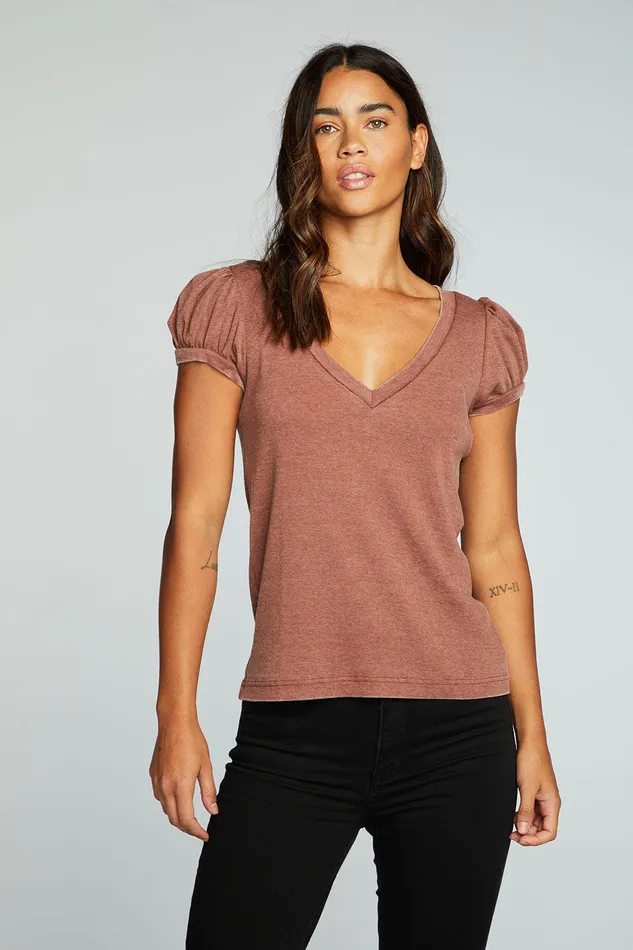 Tops Chaser Brand Womens Recycled Vintage Rib Deep V Puff Sleeve Tee