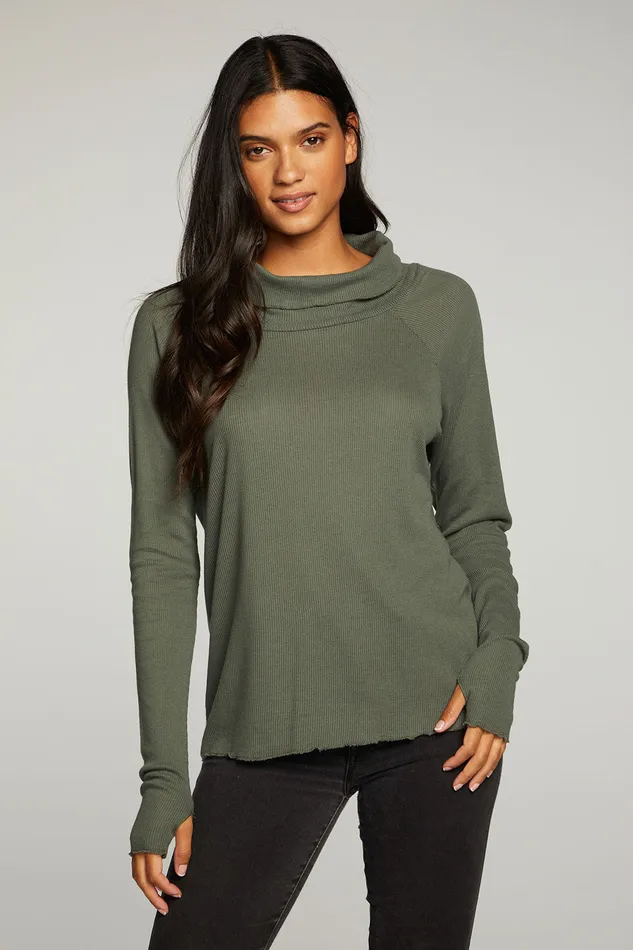 Tops Womens Chaser Brand Heritage Waffle Long Sleeve Mock Neck Raglan Tee With Thumbhole