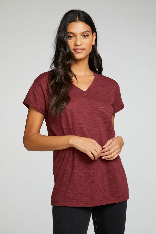 Tops Womens Chaser Brand Slub Jersey Roll Sleeve V Neck Tee