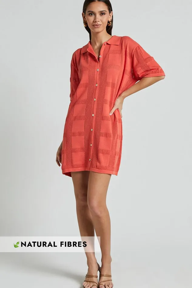Tully Mini Dress 8211 Knitted Button Through Shift Dress In Coral Women Showpo Conscious