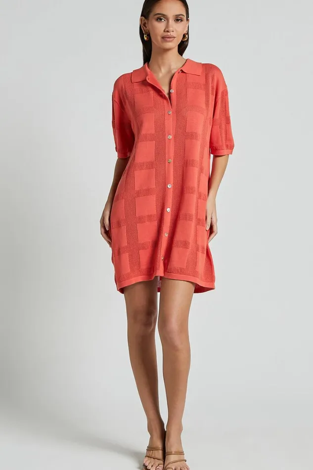 Tully Mini Dress 8211 Knitted Button Through Shift Dress In Coral Women Showpo Conscious