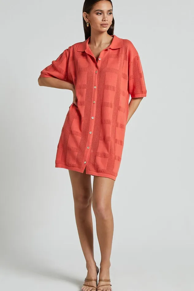 Tully Mini Dress 8211 Knitted Button Through Shift Dress In Coral Women Showpo Conscious
