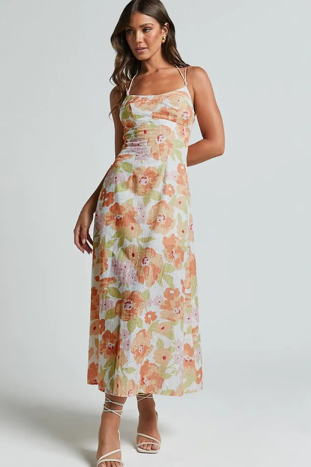 Tyla Midi Dress 8211 Double Strap Cut Out Dress In Orange Floral Women Showpo Dresses