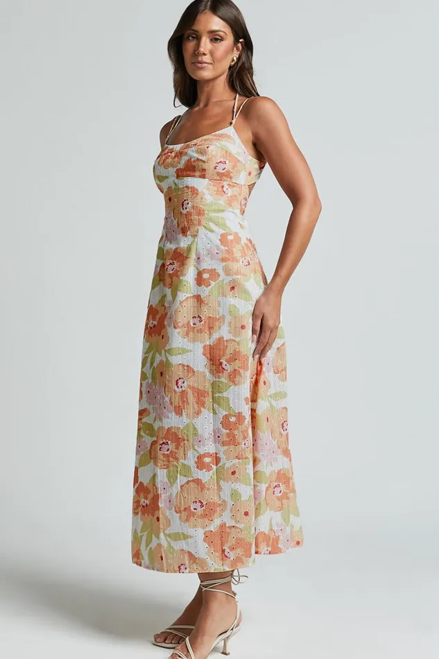 Tyla Midi Dress 8211 Double Strap Cut Out Dress In Orange Floral Women Showpo Dresses