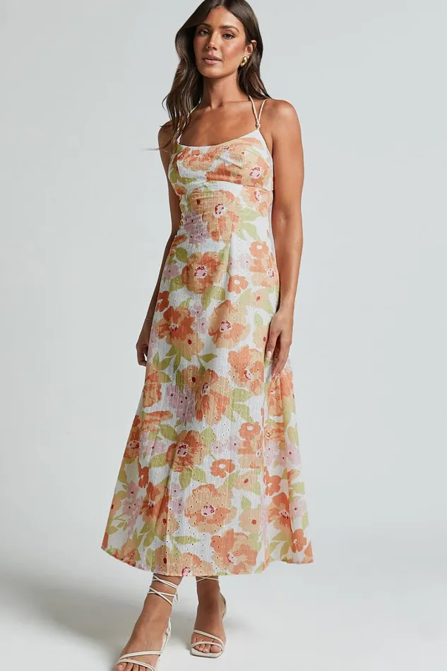 Tyla Midi Dress 8211 Double Strap Cut Out Dress In Orange Floral Women Showpo Dresses