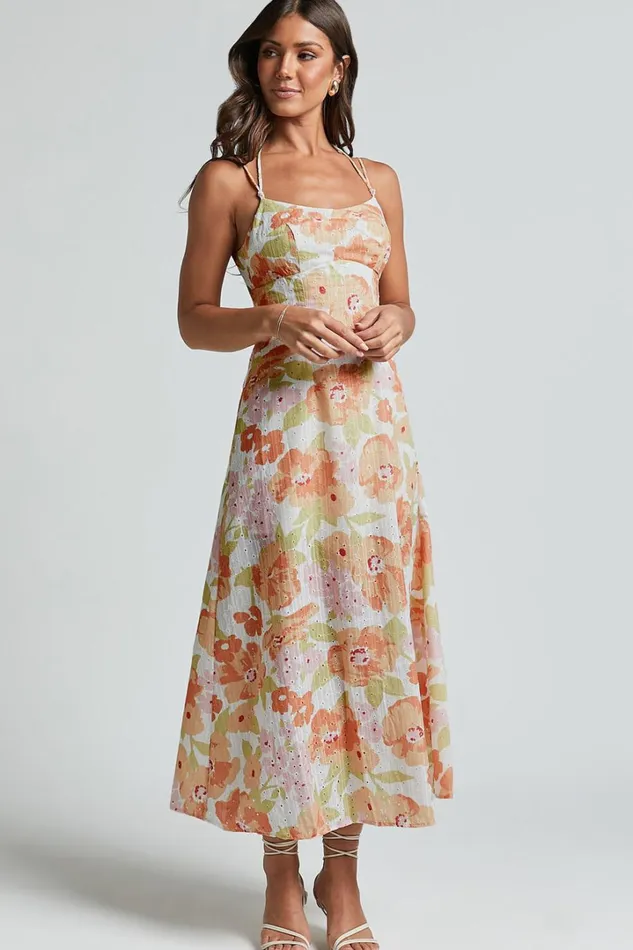 Tyla Midi Dress 8211 Double Strap Cut Out Dress In Orange Floral Women Showpo Dresses
