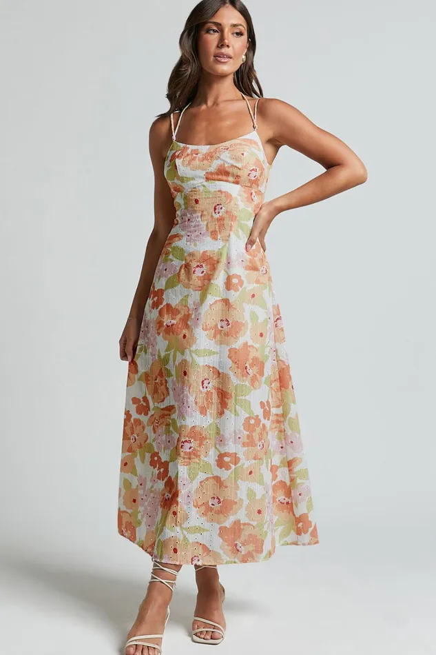 Tyla Midi Dress 8211 Double Strap Cut Out Dress In Orange Floral Women Showpo Dresses