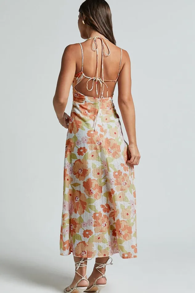 Tyla Midi Dress 8211 Double Strap Cut Out Dress In Orange Floral Women Showpo Dresses