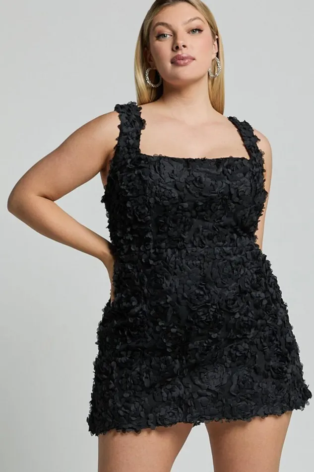Tyra Mini Dress 8211 Square Neck 3D Floral Mini Dress In Black Women Showpo Curve Clothes