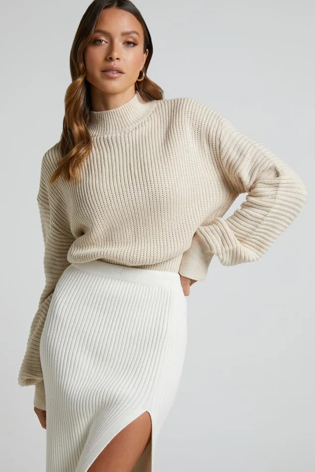 Valerie Jumper 8211 High Neck Balloon Sleeve Knit Jumper In Cream Women Showpo Sweaters and Cardigans Valerie Jumper 8211 High Neck Balloon Sleeve Knit Jumper In Cream Women Showpo Sweaters and Cardigans