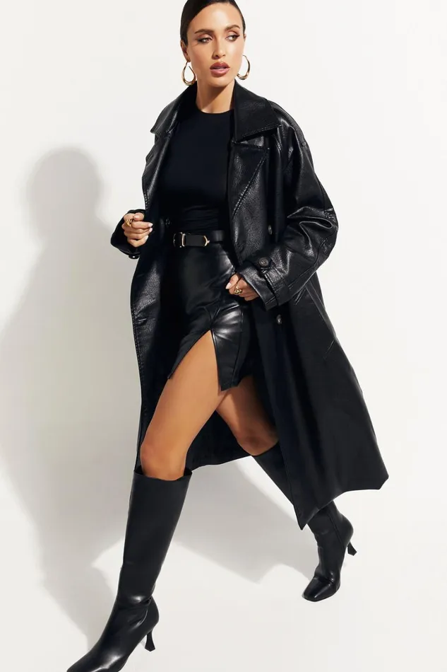 Vicki Trench Coat 8211 Faux Leather Washed Trench Coat In Black Women Showpo Jackets and Coats