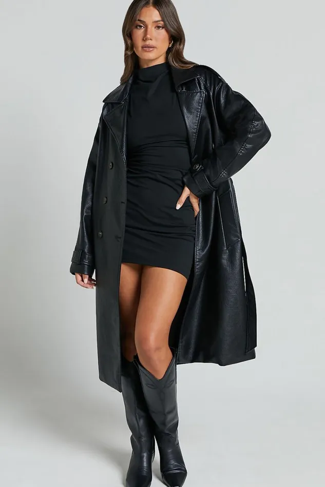 Vicki Trench Coat 8211 Faux Leather Washed Trench Coat In Black Women Showpo Jackets and Coats
