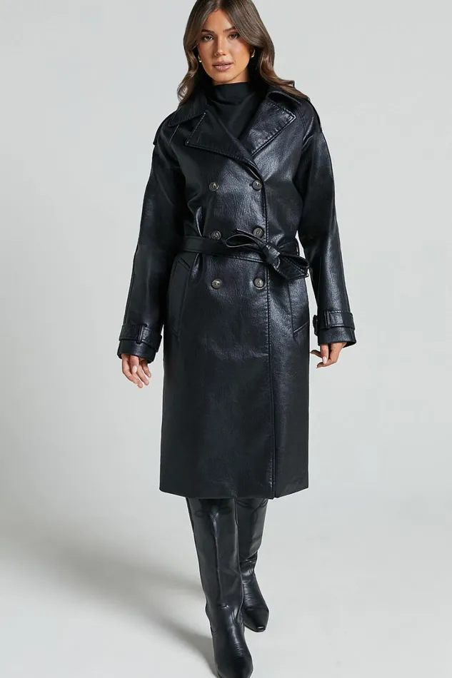 Vicki Trench Coat 8211 Faux Leather Washed Trench Coat In Black Women Showpo Jackets and Coats