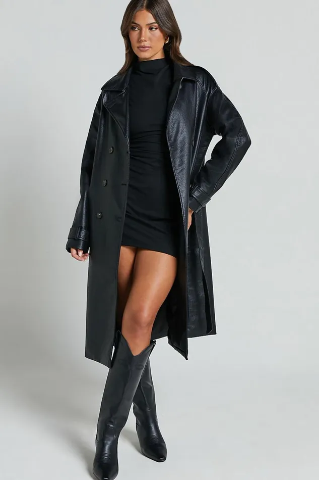 Vicki Trench Coat 8211 Faux Leather Washed Trench Coat In Black Women Showpo Jackets and Coats