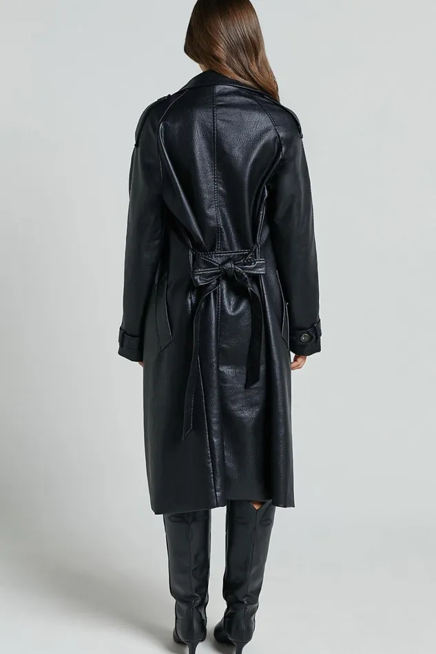 Vicki Trench Coat 8211 Faux Leather Washed Trench Coat In Black Women Showpo Jackets and Coats