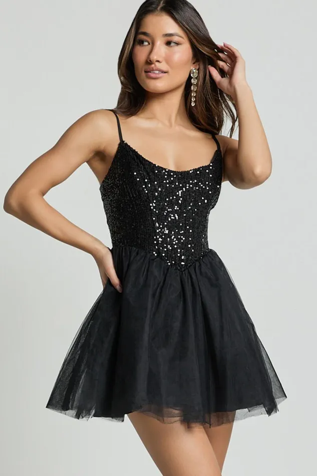 Violette Mini Dress 8211 Sequin Corset Tulle Skirt Dress In Black Women Showpo Curve Clothes