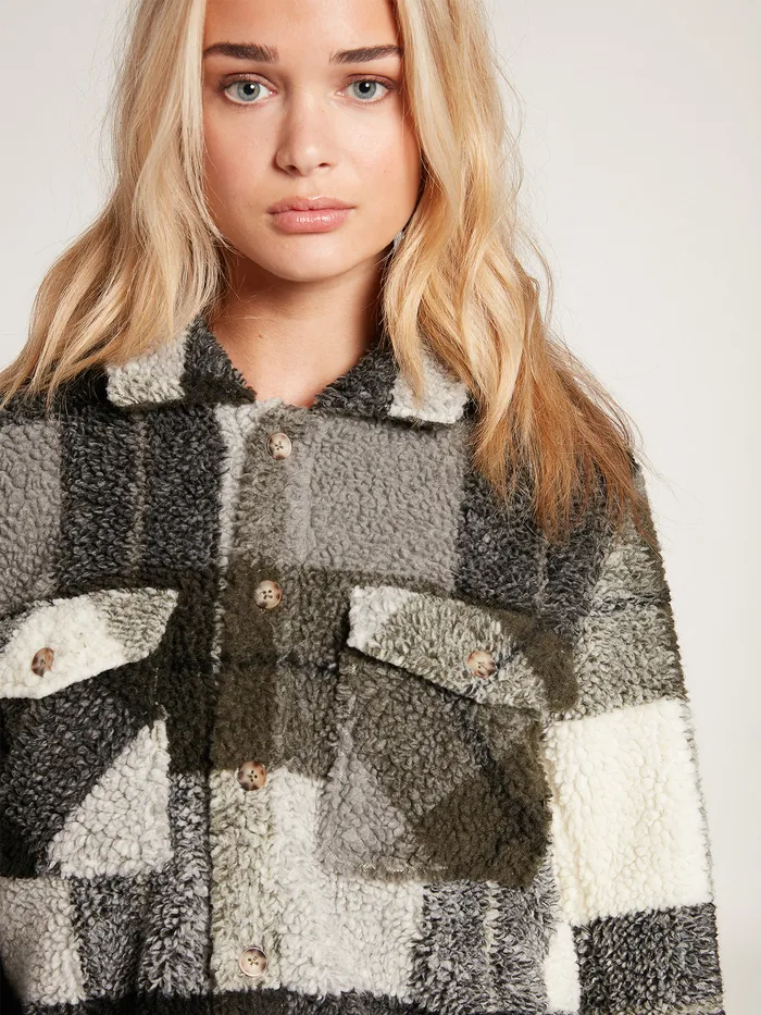 Volcom Jackets Silent Sherpa Plaid Jacket 8211 Army Green Combo Army Green Combo 8211 Womens