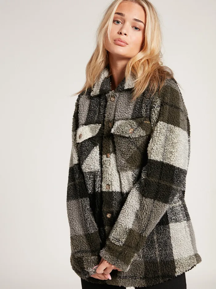 Volcom Jackets Silent Sherpa Plaid Jacket 8211 Army Green Combo Army Green Combo 8211 Womens